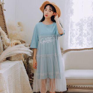 Mesh Panel Elbow-sleeve Lettering T-shirt Dress
