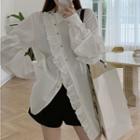 Long-sleeve Collared Asymmetrical Ruffled Blouse White - One Size