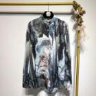 Ink Painting Print Long-sleeve Blouse Blue - One Size