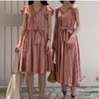 Plaid Ruffle-trim Tie-waist Short-sleeve Midi Dress / Sleeveless Dress