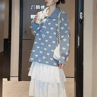 Heart Print Collared Cardigan