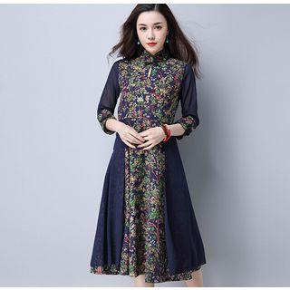 Mandarin Collar Floral Print Midi A-line Dress