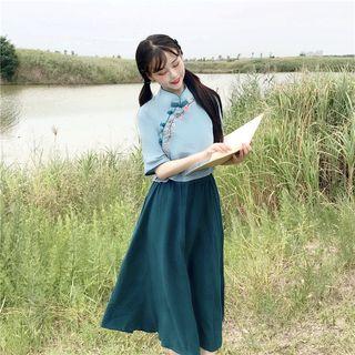 Floral Embroidered Stand-collar Frog Button Top / Plain Skirt