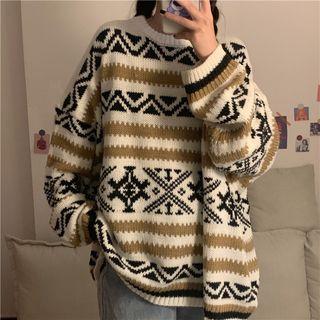 Long-sleeve Flower Print Knit Sweater