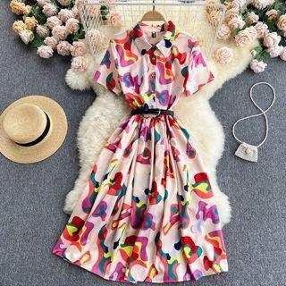 Short-sleeve Color-block Midi Shirtdress