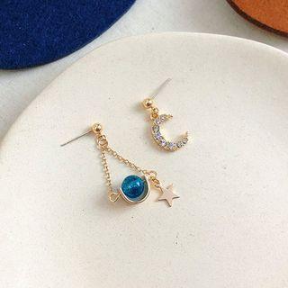 Non-matching Bead Rhinestone Moon & Star Dangle Earring