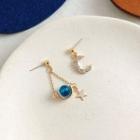 Non-matching Bead Rhinestone Moon & Star Dangle Earring