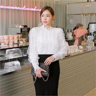 Puff-shoulder Crochet-trim Mesh-overlay Blouse