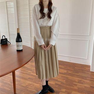 Plain Flap-pocket Blouse / Pleated Midi A-line Skirt