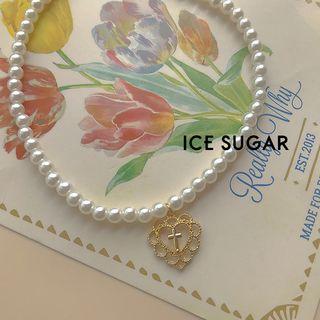 Alloy Cross Heart Pendant Faux Pearl Necklace 1 Pc - One Size