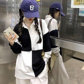 Long-sleeve Two-tone Polo-shirt As Figure - One Size
