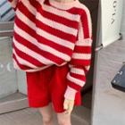 Round Neck Striped Sweater / Drawstring Wide Leg Shorts