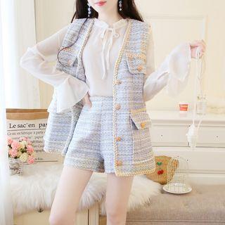 Set: Long-sleeve Frill Trim Blouse + Tweed Buttoned Vest + Wide-leg Shorts