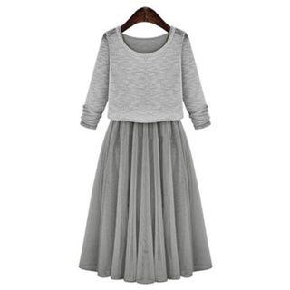 Set : Round Neck Long-sleeve Top + Midi Dress