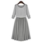 Set : Round Neck Long-sleeve Top + Midi Dress