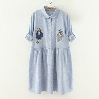 Cat Embroidered Striped Shirtdress