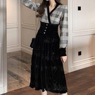 V-neck Plaid Panel Top / Pleuche Midi Skirt
