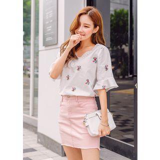 Elbow-sleeve Lace-trim Embroidered Top
