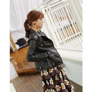 Belted Stand-collar Faux-leather Biker Jacket