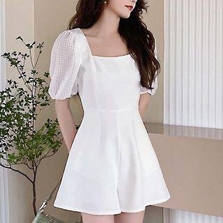 Bubble Sleeve Square Neck Mesh Panel Romper
