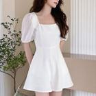 Bubble Sleeve Square Neck Mesh Panel Romper