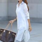 Drop-shoulder Slit-side Long Shirt White - One Size