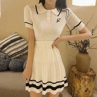 Set: Short-sleeve Knitted Polo Shirt + A-line Skirt