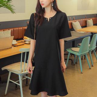 Notched-neck Ruffled-hem Dress