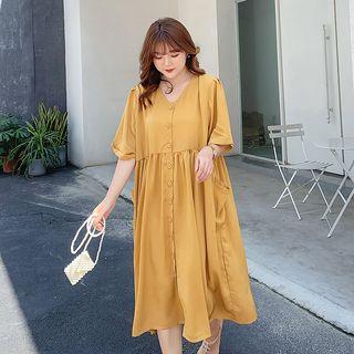 Elbow-sleeve Buttoned Midi Tunic Dress