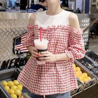 Mock Two Piece Plaid Panel Off Shoulder Top
