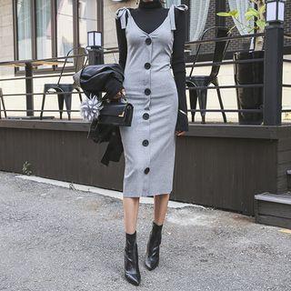 Tie-shoulder Buttoned Midi Knit Dress