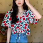 V-neck Rose Print Drawstring Puff-sleeve Top