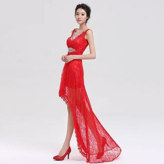 Jeweled Dip-back Evening Gown