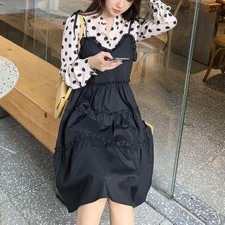 Set: Dotted Blouse + Spaghetti Strap Midi A-line Dress