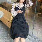 Set: Dotted Blouse + Spaghetti Strap Midi A-line Dress