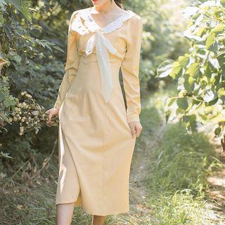 Lace Collar Long-sleeve A-line Midi Dress
