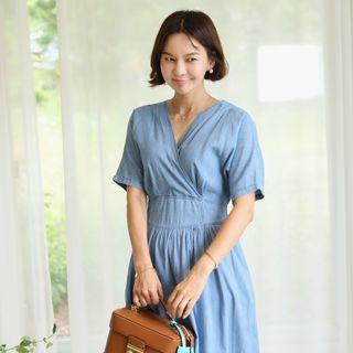 V-neck Smocked-back Denim Dress Light Blue - One Size