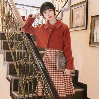 Set: Collared Single-breasted Cropped Jacket + Sleeveless Mini A-line Dress