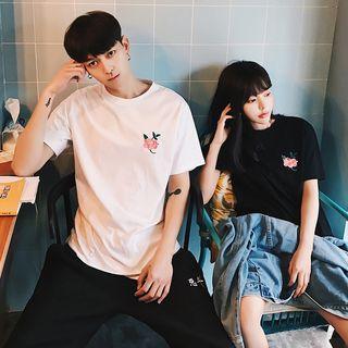Couple Matching Rose Embroidered Short-sleeve T-shirt