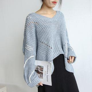 Plain V-neck Loose-fit Sweater Green - One Size