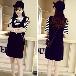 Set: Striped Elbow Sleeve T-shirt + Plain Pinafore Dress