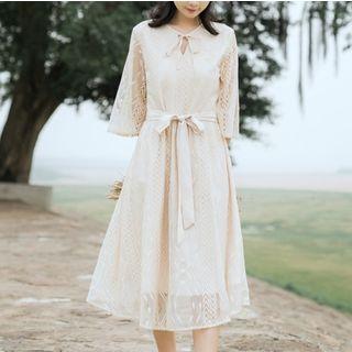 Tie Waist Elbow-sleeve A-line Dress