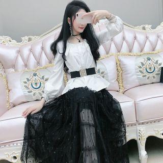 Puff-sleeve Square-neck Buttoned Blouse