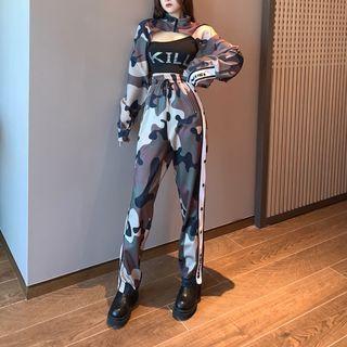 One-shoulder Camisole Top / Camo Print Cropped Jacket / Pants / Set