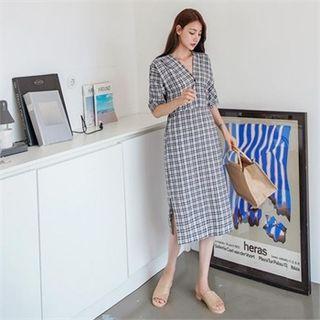 V-neck Checked Midi Dress Navy Blue - One Size