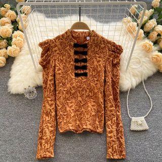 Round-neck Ruched Bow Puff-sleeve Top