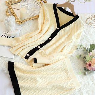 Set: Contrast Trim Cardigan + Knit Pencil Skirt