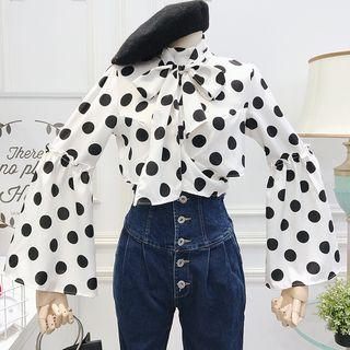 Tie-neckline Bell-sleeved Dotted Crop Shirt