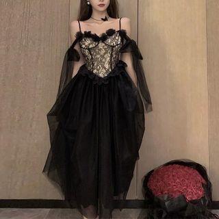Spaghetti-strap Lace Panel Mesh Dress