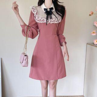 Collared Lace-yoke Frilled Dress With Brooch
